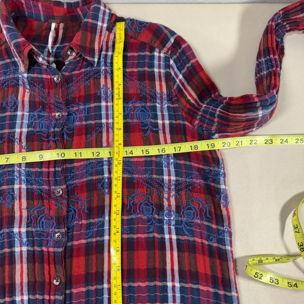 Free People Magical Plaid Embroidered Floral Button Down Shirt Small Flannel GUC